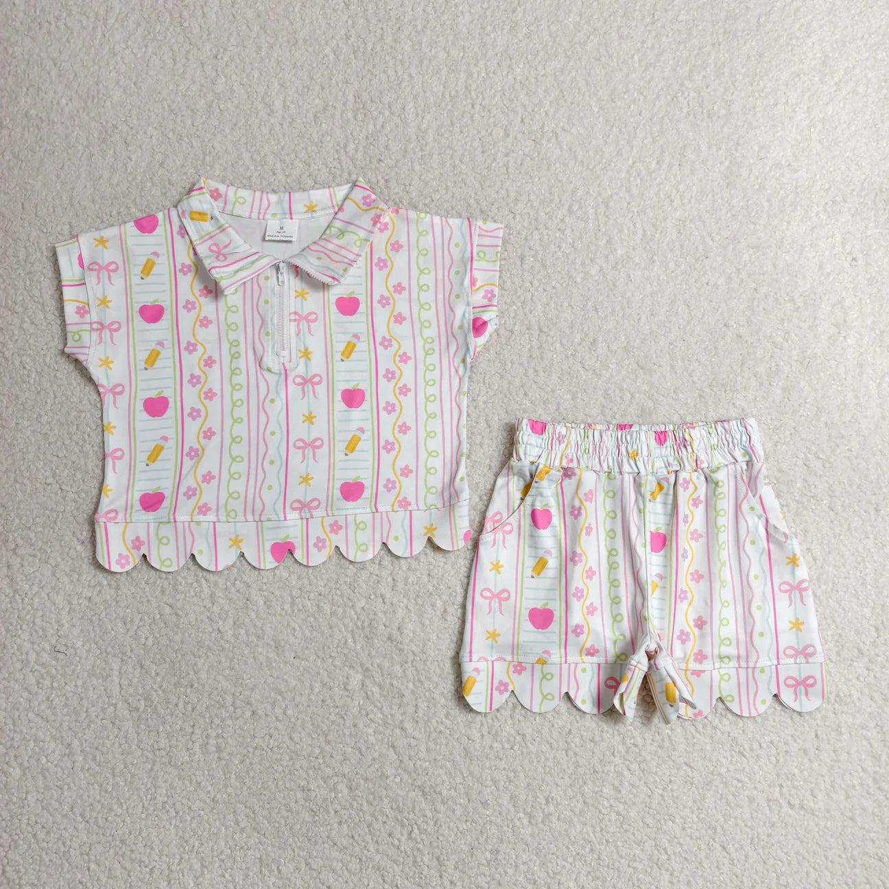 BACK TO SCHOOL ZIPPER SCALLOP EDGE GIRLS SHORTS SET